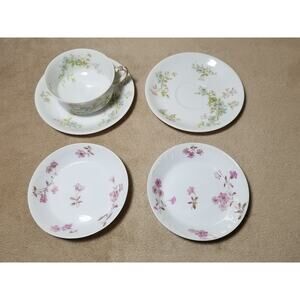 Limoges Haviland Coffee Mug Teacup Saucer Green Bowl Pink France Porcelain x5